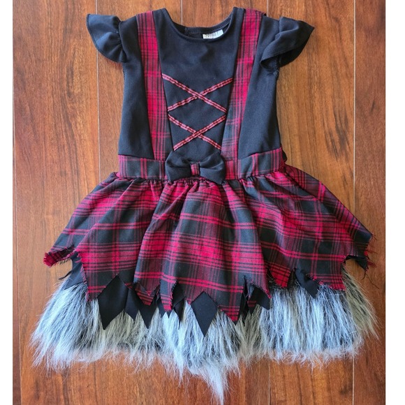 Spirit Halloween Other - Spirit Halloween Werewolf Costume Dress Toddler 2T Red Plaid Faux Fur Tail Black